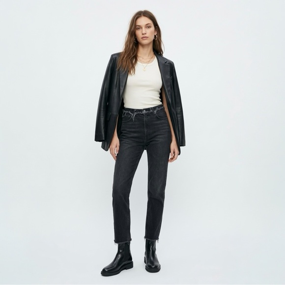 Reformation Denim - Reformation Black Cropped Cigarette Jeans 29 Raw Hem Distressed High Rise